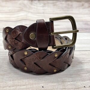 New‎ Classic Brown Leather Braided Riveted Belt Sz 1XL Brass Colored Buckled Y2K
